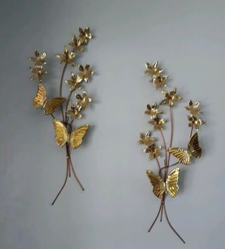 Pair Vintage Mid Century Metal Wall Art Brass Butterflies Dogwood Flowers 25 "