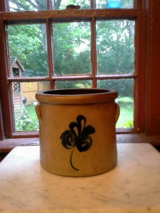One Gallon Handled Stoneware Crock With Large Deep Cobalt Flower