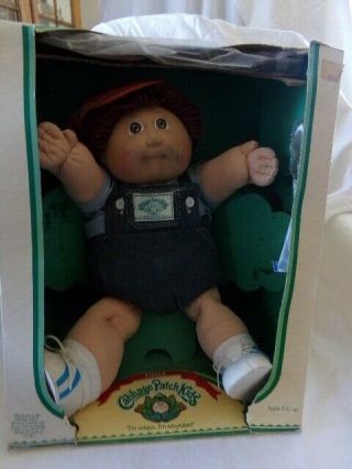 1983 Cabbage Patch Kids 16 " Boy Doll In Overalls/ Gingham Shirt/ Red Cap/ Shoes