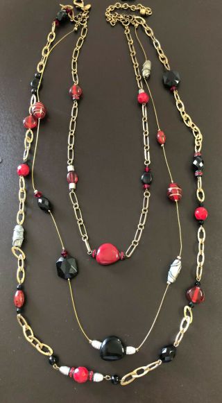 Chico ' s Necklace Multi Strand Red Black Glass Beads Antiqued Gold Chain Long 2