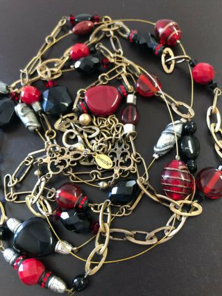 Chico ' s Necklace Multi Strand Red Black Glass Beads Antiqued Gold Chain Long 3