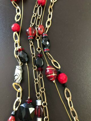 Chico ' s Necklace Multi Strand Red Black Glass Beads Antiqued Gold Chain Long 4