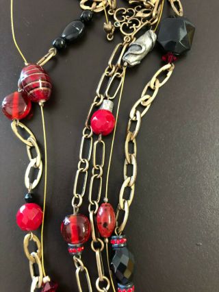 Chico ' s Necklace Multi Strand Red Black Glass Beads Antiqued Gold Chain Long 5