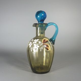 Antique Two Tone Glass Cruet Enamel Flowers Hand Blown Numbered - Amber & Blue