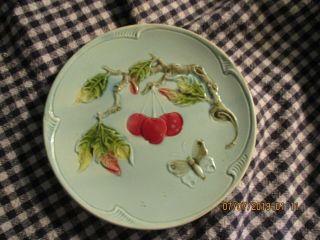 Majolica - German - Antique - 6 3/4 " Plate - Pale Blue With A Branch Of Cherries/ Moth