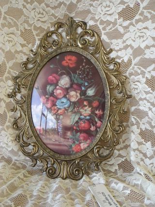 Vintage Italian Metal Oval Picture Frame Floral Print Convex Glass 10” X 14” 1 - 6