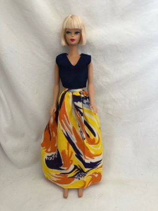 Vintage Barbie Clone Doll Clothes Mod Era Retro Navy Orange Yellow Skirt & Top