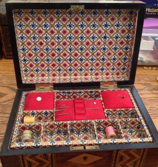 Antique Victorian Tunbridge Ware Sewing Box Fitted Mahogany & Marquetry/ Lock