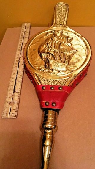 Vintage Fireplace Bellows With Brass Sailing Ship Nautical & Red Leather 17 " L