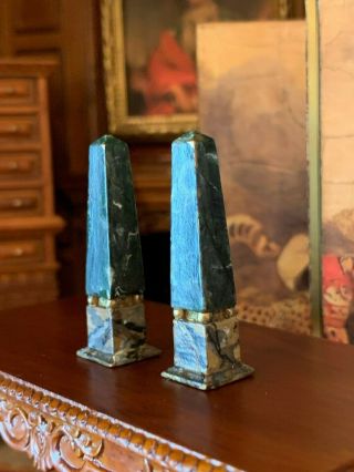 Vintage Miniature Dollhouse Uk Artisan Obelisk Statues Pair Marble Hand Painted