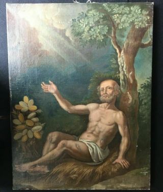Antique Baroque Oil Painting On Canvas " Saint Jerome " 1600 - 1700 Ca