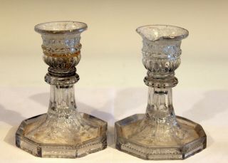 Pair Antique Early Sandwich Glass Lacey Candle Sticks Mold Blown