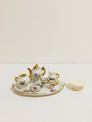 Vintage Dollhouse Fine Miniature Limoges France Tea Set White Floral Gold Rim