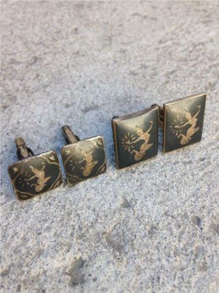 2 Pairs Of Vintage Sterling Silver Siam Niello Cufflinks