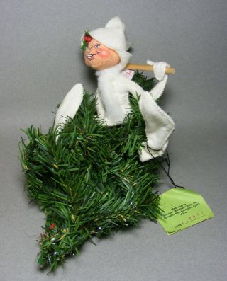 Vintage 1988 White Annalee Christmas Woodchopper Elf On Faux Pine Branch