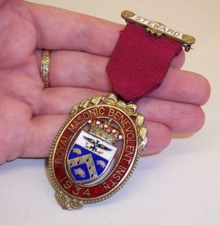 Vintage 1934 Solid Silver & Enamel Royal Masonic Benevolent Instn Steward Medal