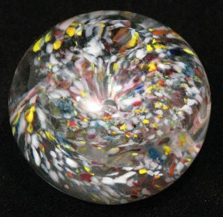 Antique Round Glass Paperweight Multi Colored Swirl Dots Blue Red Yellow Pink