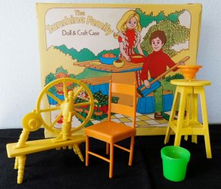 Vintage 1976 Sunshine Family Doll & Craft Case Spinning Wheel,  Chair Pottery