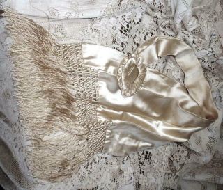 Antique 1870s French Cream Silk Satrin Wedding Sash W Silk Fringe