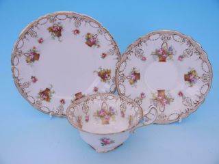 Antique Royal Doulton Trio - Baskets Of Flowers,  Pink Roses,  Circa 1915