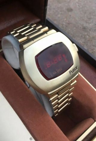 Vintage Neiman Marcus Pulsar P2 LED Watch 14kt Gold Filled W/Box Time Computer 2