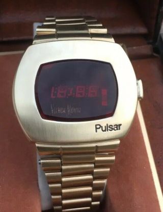 Vintage Neiman Marcus Pulsar P2 LED Watch 14kt Gold Filled W/Box Time Computer 3