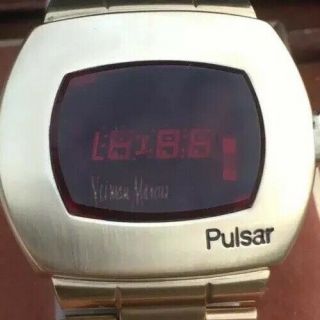 Vintage Neiman Marcus Pulsar P2 LED Watch 14kt Gold Filled W/Box Time Computer 4