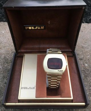 Vintage Neiman Marcus Pulsar P2 LED Watch 14kt Gold Filled W/Box Time Computer 5