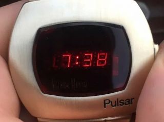 Vintage Neiman Marcus Pulsar P2 LED Watch 14kt Gold Filled W/Box Time Computer 6