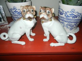 Fine Pair Antique Pug Figurines Porcelain Dogs - Signed
