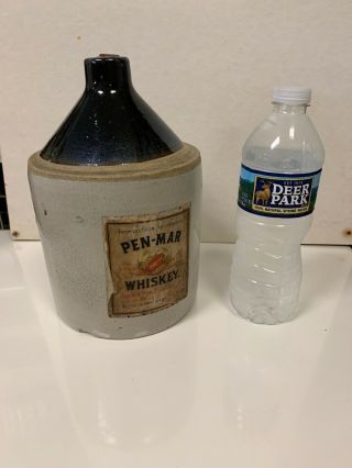 Rare Antique Pen - Mar Stoneware Whiskey Jug With Paper Label