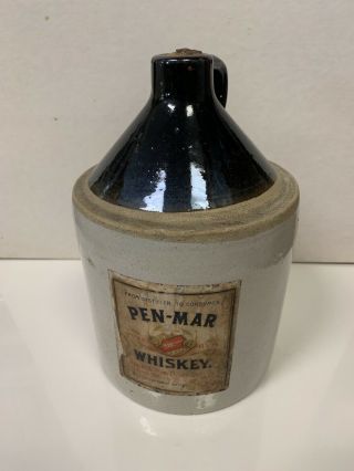 Rare Antique Pen - Mar Stoneware Whiskey Jug With Paper Label 2