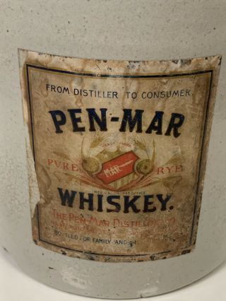 Rare Antique Pen - Mar Stoneware Whiskey Jug With Paper Label 3