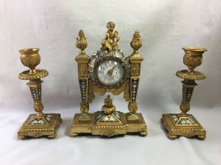 Antique Gilt Bronze Champleve Cloisonne Jeweled Clock W/ Candle Sticks