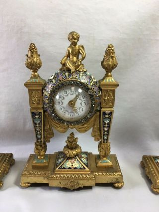 Antique gilt bronze champleve cloisonne jeweled clock w/ candle sticks 2