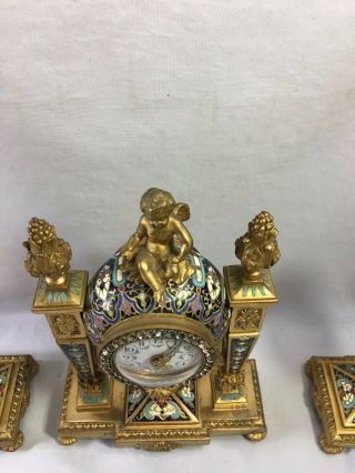Antique gilt bronze champleve cloisonne jeweled clock w/ candle sticks 3