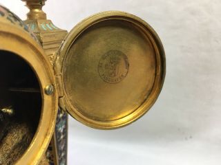 Antique gilt bronze champleve cloisonne jeweled clock w/ candle sticks 7