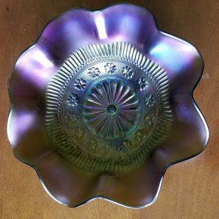 Antique Old Northwood Green Carnival Glass Purple Iridescent Ruffled Footed Bowl