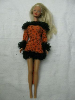 Vintage 1966 Mattel Long Blonde Hair Barbie With Orange And Black Tiger Dress