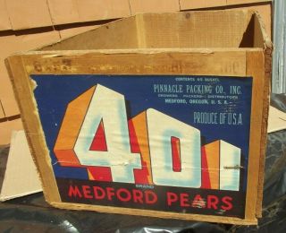 Vintage Wooden Wood Fruit Crate W / Orig Paper Label 401 Brand Medford Pears