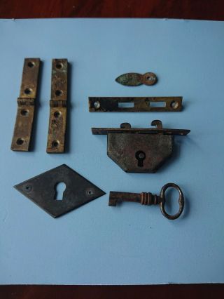 Antique Writing Slope Box Lock & Keep Hindges.  Key Plate.  Spares Parts