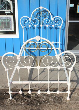 Antique Cast Iron Twin Size Victorian Bed With Brass
