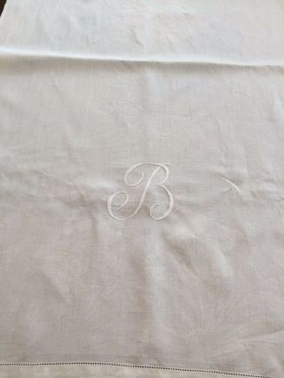 Vtg.  Damask Huck Linen Monogrammed " B " Towel - Bright White