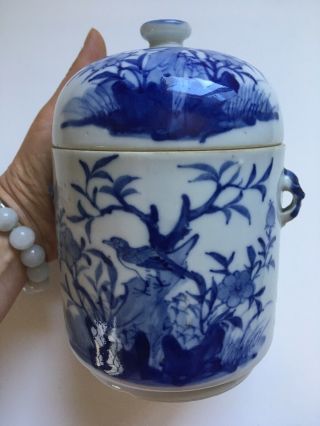 Antique Chinese Hand painted Blue & White Porcelain Jar With Lid 2