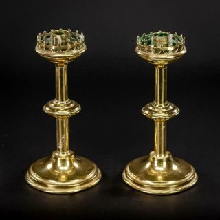 Candlestick Pair | Two French Candle Holders | Gothic Gilt Brass Antique 10 "