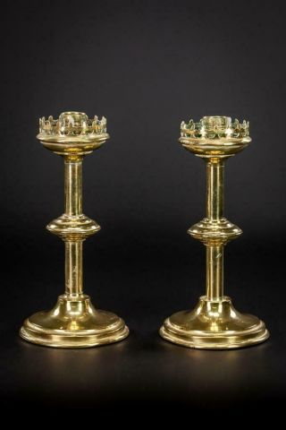 Candlestick Pair | Two French Candle Holders | Gothic Gilt Brass Antique 10 