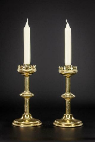 Candlestick Pair | Two French Candle Holders | Gothic Gilt Brass Antique 10 