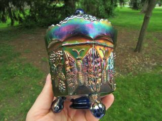 Fenton Butterfly & Berry Antique Carnival Glass Covered Sugar Jar Blue A Beauty