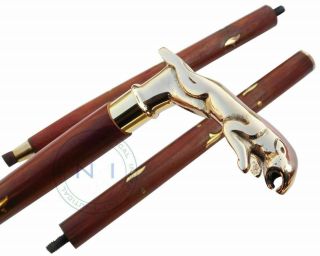 Antique Jaguar Handle Wooden Walking Stick Cane 36 " Long In 3 Fold Brass Finish