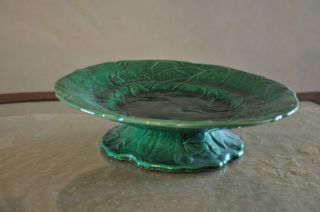 Antique Green Mjolica Pedistal Dish,  Water Lily Pattern